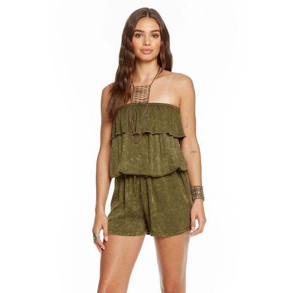Chaser Washed Green Heirloom Ruffle Romper Strapless Size Medium - Picture 1 of 7